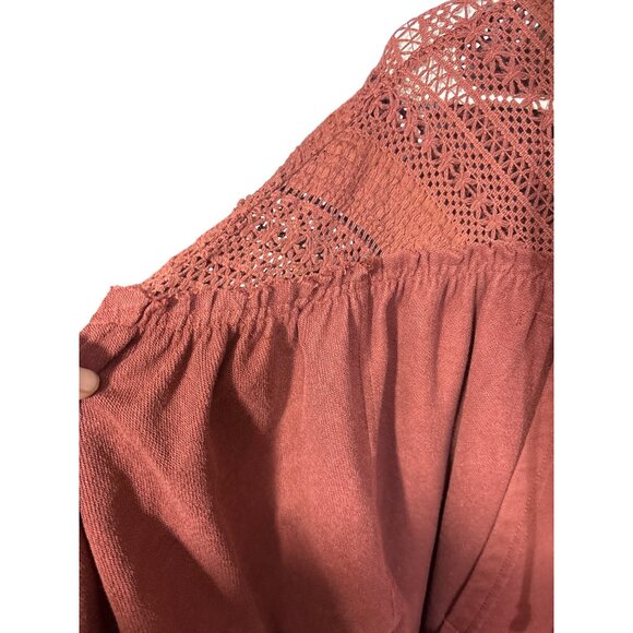 Rust Red Crochet Detail Hooded Pullover With Half-Zip & Frayed Hemline By Gimmic - Picture 4 of 6